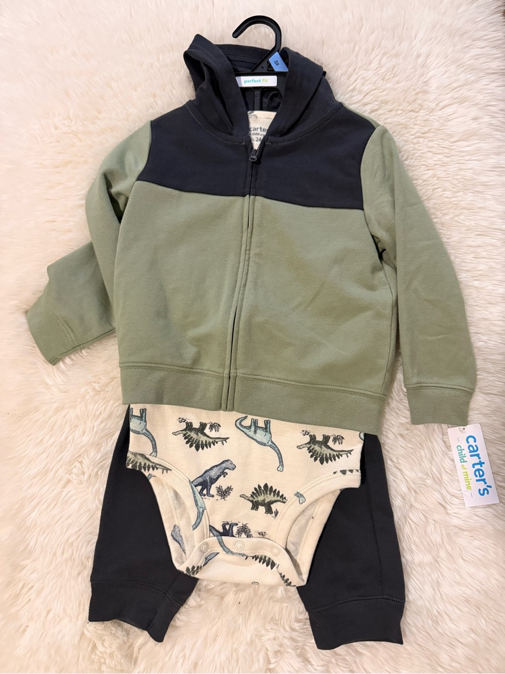Carter's Olive Green & Black Hooded Zip Jacket with Dino Bodysuit Set
